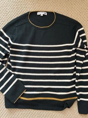 Uniqlo Dark Green and White Striped Crewneck Sweater with Mustard Accents